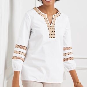 Talbots White Tunic with Tan embroidered cutout Accents
